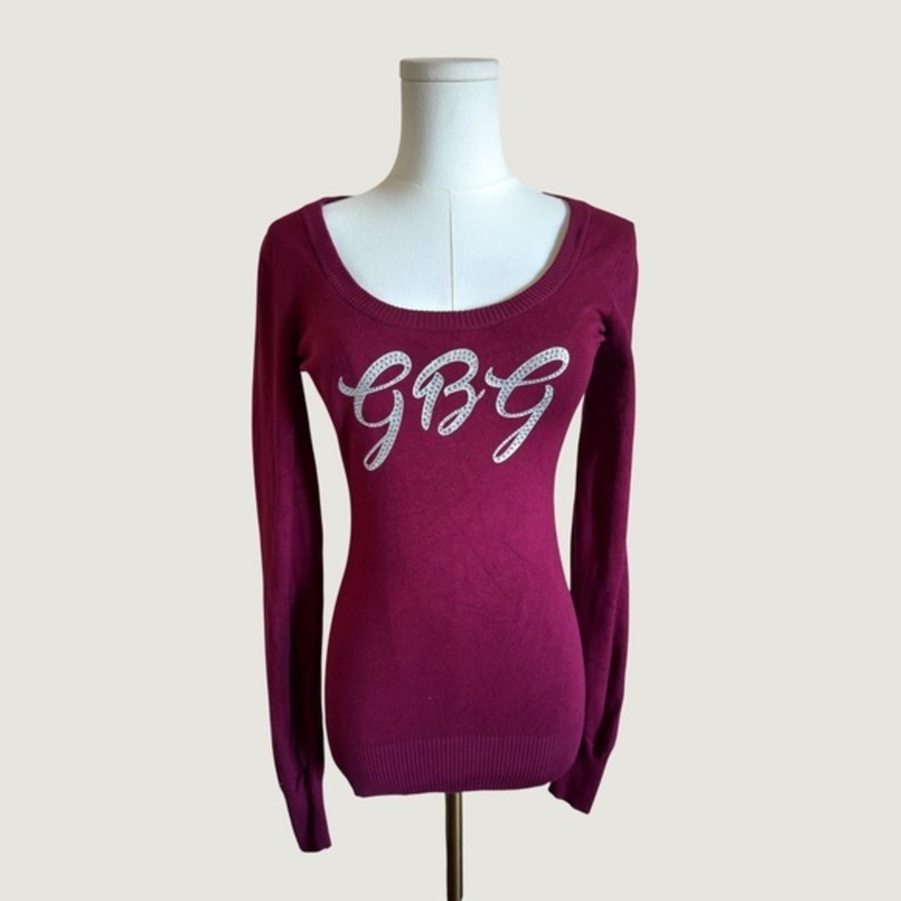 G by GUESS Rhinestone GBG Sweater Small Burgundy Y2K McBling Style